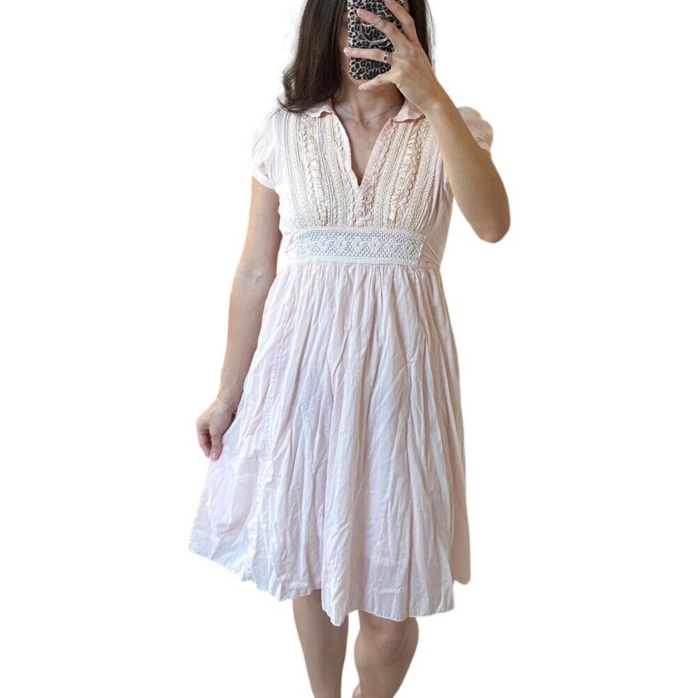 Vintage Baby Pink Cotton Embellished Crochet Lace Detail Babydoll Dress 2P / XS